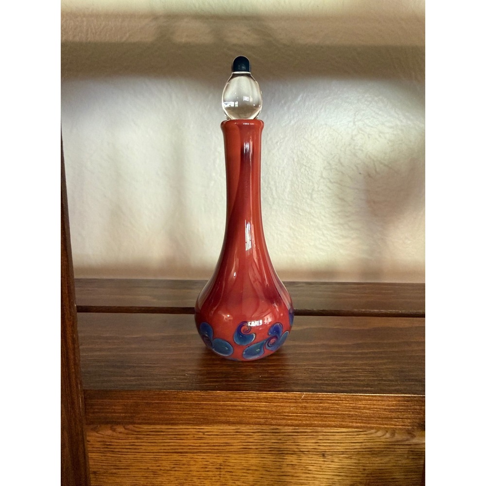Hand Blown Art Glass Decanter Bottle Red Blue Swirl with Long Wand Stopper